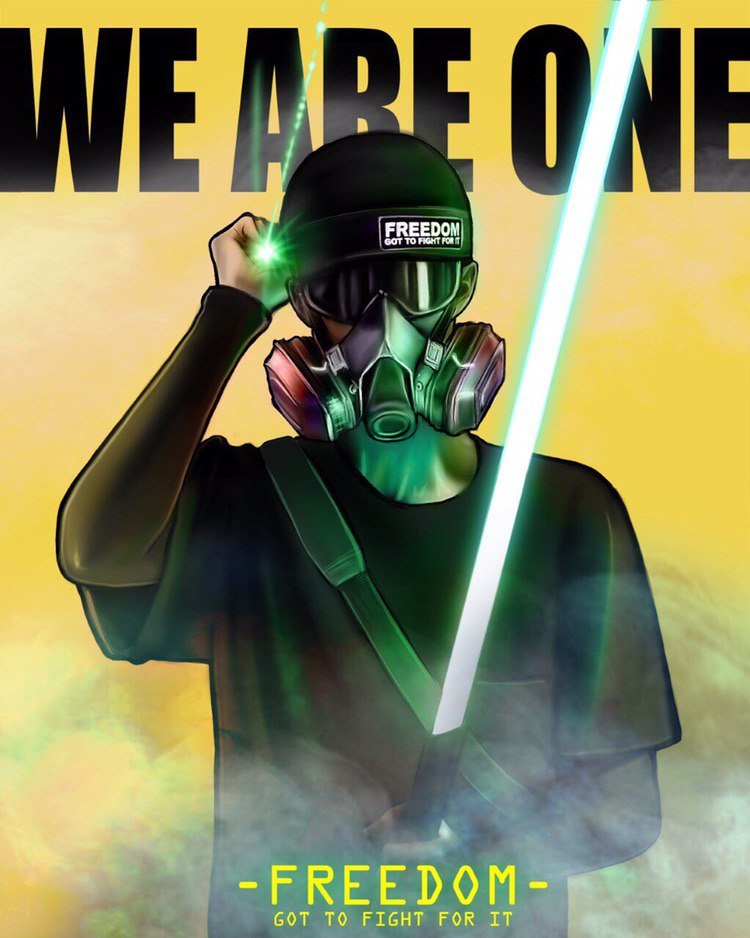 Illustration of a frontliner in a black helmet, ballistic goggles, and a half-face respirator, holding a green laser pointer shining at the viewer and a green lightsaber. Text on top reads WE ARE ONE. Text on bottom reads FREEDOM/Got to fight for it.