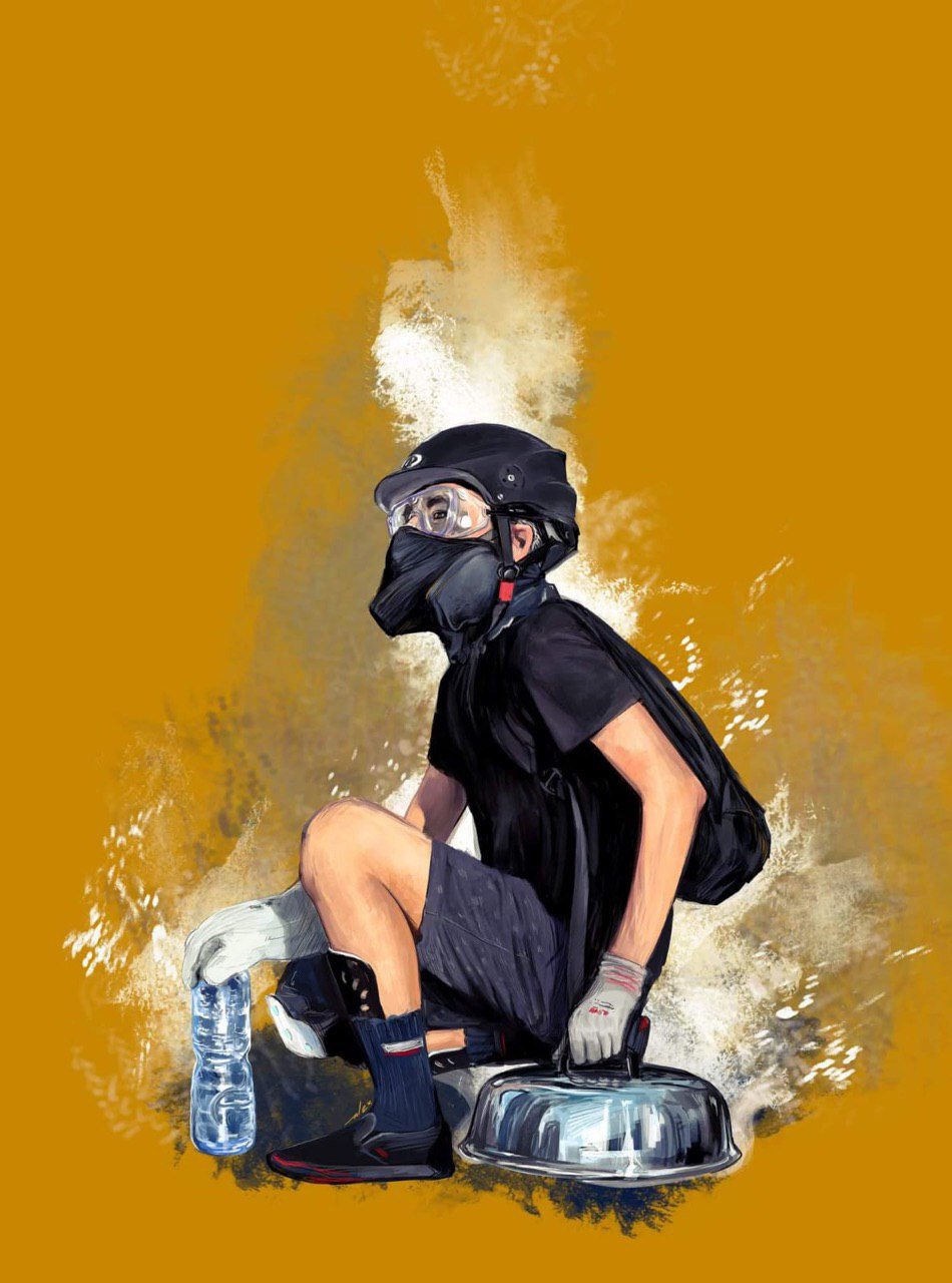 A digital painting of a teenaged yungmo frontliner, in a black bike helmet, shatterproof goggles, and half-face respirator with thin black fabric over the respirator. He has work gloves on and is smothering a burning tear-gas canister with a metal wok lid.