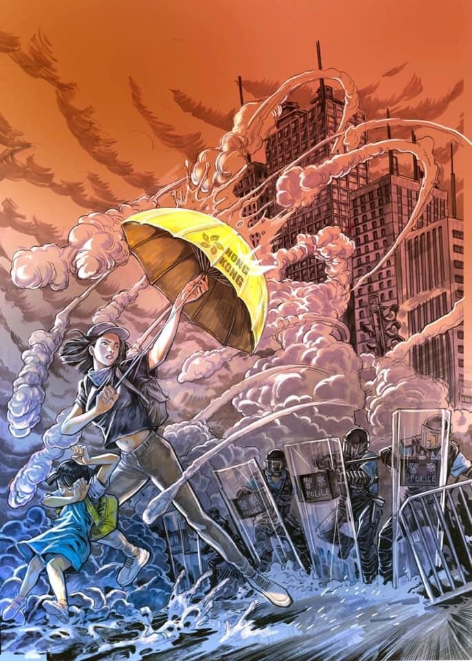 A stylized illustration of a woman, face uncovered in a plain baseball hat, shielding a young girl from tear gas canisters fired by a line of riot police. She is shielding herself and the girl with a yellow umbrella labelled "Hong Kong" with the bauhinia symbol on it. All around them is a dense cloud of tear gas. In the background are skyscrapers.