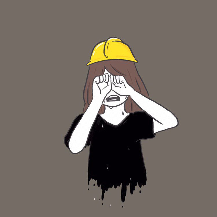 A simple illustration of a female protestor wearing a black shirt and hard hat, crying and trying to wipe away her tears with balled-up hands.