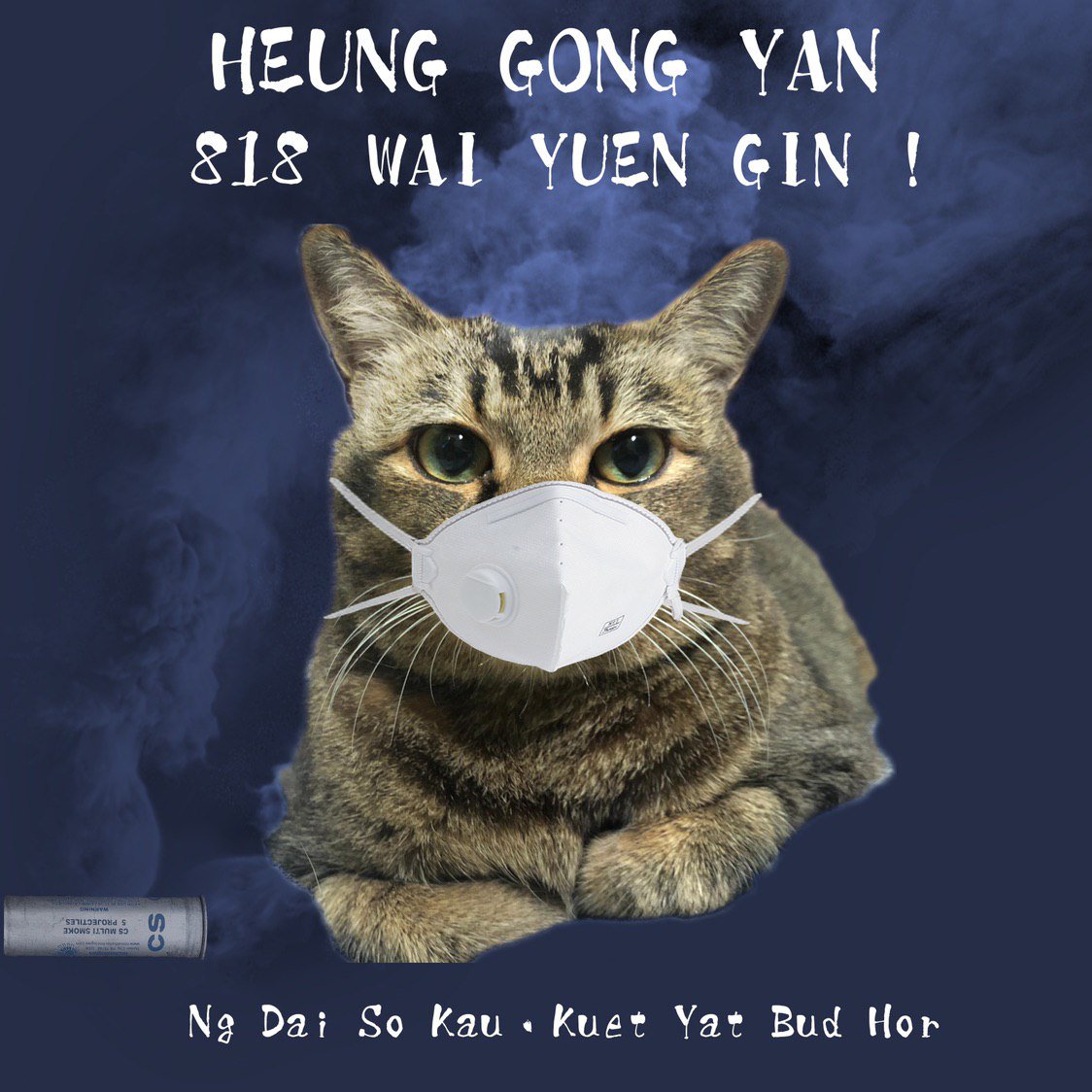 A photoshopped image of a tabby cat wearing a dust mask, on a navy blue background. There is a little CS gas canister on the left emitting a cloud of smoke. The caption in transliterated Cantonese reads: "Hong Kongers, see you at Victoria Garden on Aug 18! Five Demands, Not One Less!"